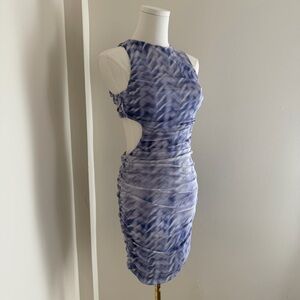 Zara | Ruched Tie Dye Purple & White Open Back High Neck Bodycon Mini Dress S